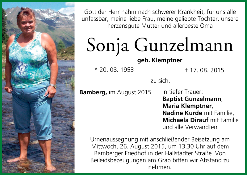  Traueranzeige für Sonja Gunzelmann vom 22.08.2015 aus MGO