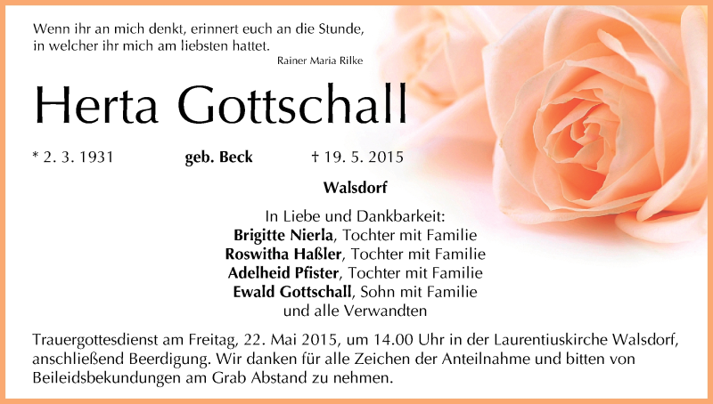  Traueranzeige für Herta Gottschall vom 20.05.2015 aus MGO