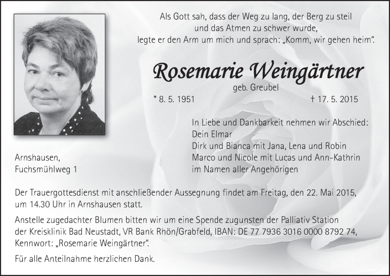  Traueranzeige für Rosemarie Weingärtner vom 20.05.2015 aus MGO