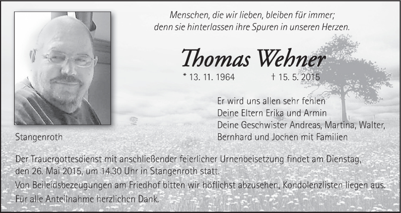  Traueranzeige für Thomas Wehner vom 21.05.2015 aus MGO
