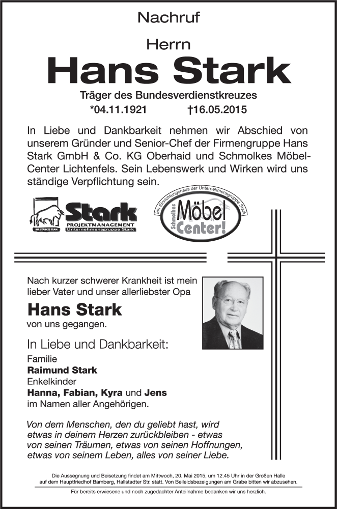  Traueranzeige für Hans Stark vom 20.05.2015 aus MGO