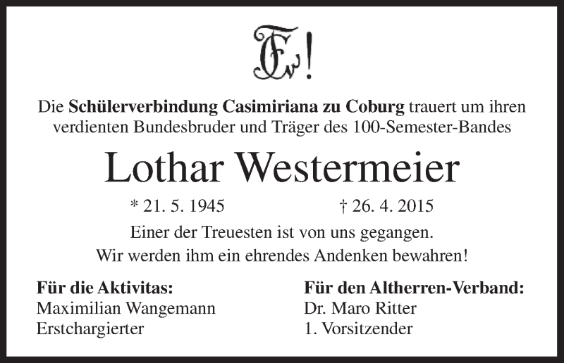  Traueranzeige für Lothar Alwin Westermeier vom 01.05.2015 aus MGO