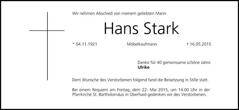  Traueranzeige für Hans Stark vom 21.05.2015 aus MGO
