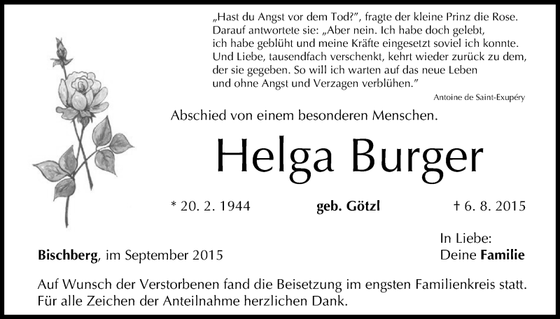  Traueranzeige für Helga Burger vom 26.09.2015 aus MGO