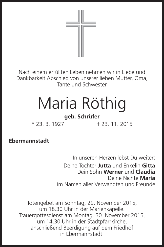  Traueranzeige für Maria Röthig vom 26.11.2015 aus MGO