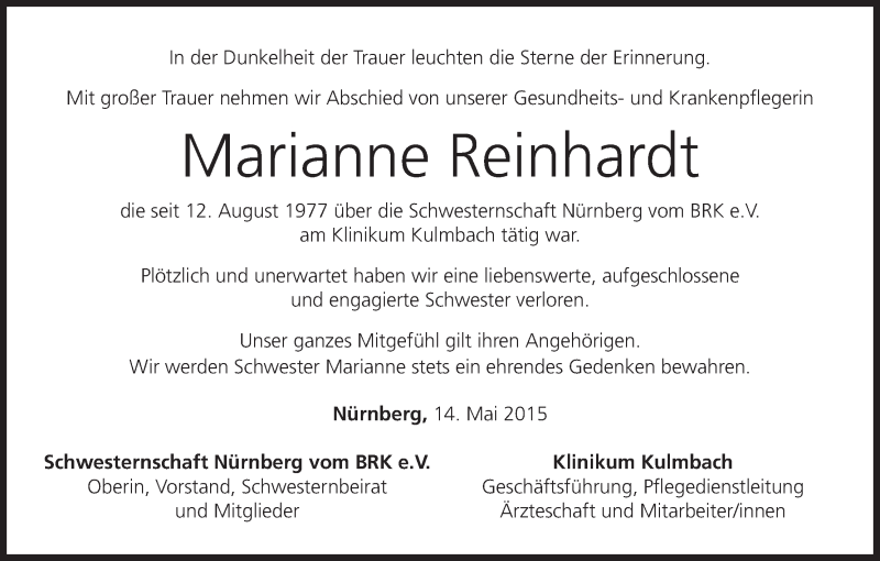  Traueranzeige für Marianne Reinhardt vom 14.05.2015 aus MGO