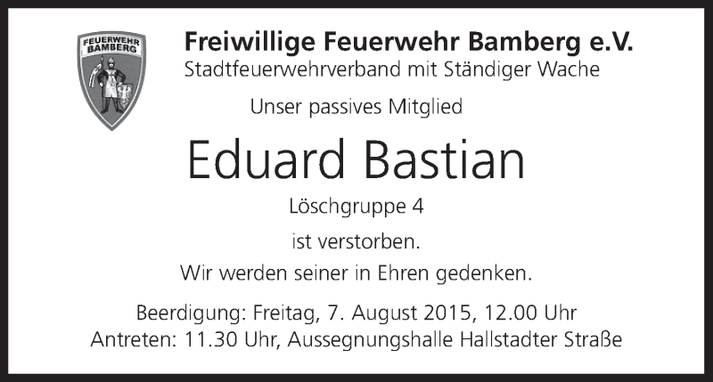  Traueranzeige für Eduard Bastian vom 05.08.2015 aus MGO