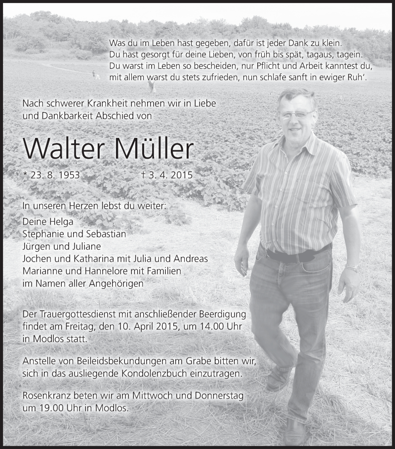  Traueranzeige für Walter Müller vom 07.04.2015 aus MGO