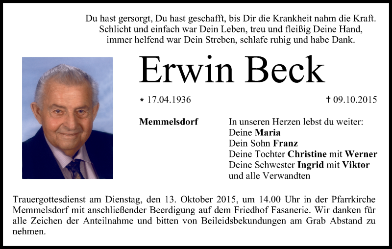  Traueranzeige für Erwin Beck vom 10.10.2015 aus MGO