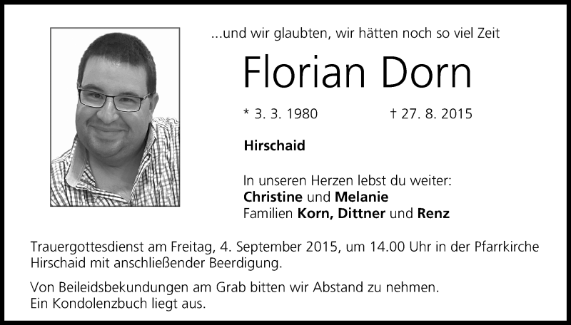  Traueranzeige für Florian Dorn vom 01.09.2015 aus MGO