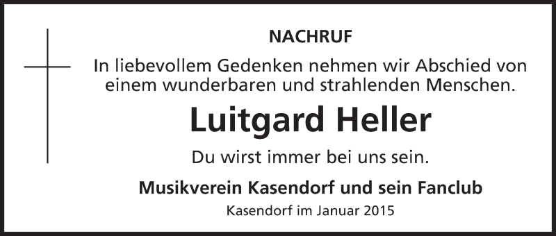  Traueranzeige für Luitgard Heller vom 30.01.2015 aus MGO