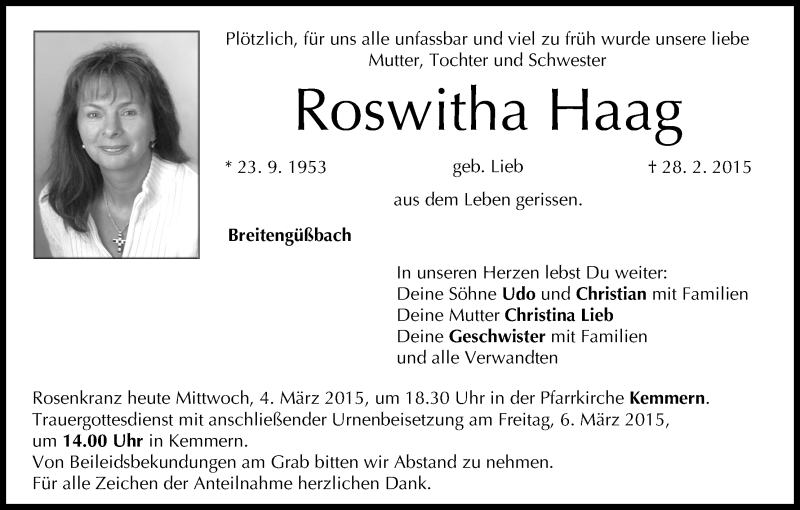  Traueranzeige für Roswitha Haag vom 04.03.2015 aus MGO