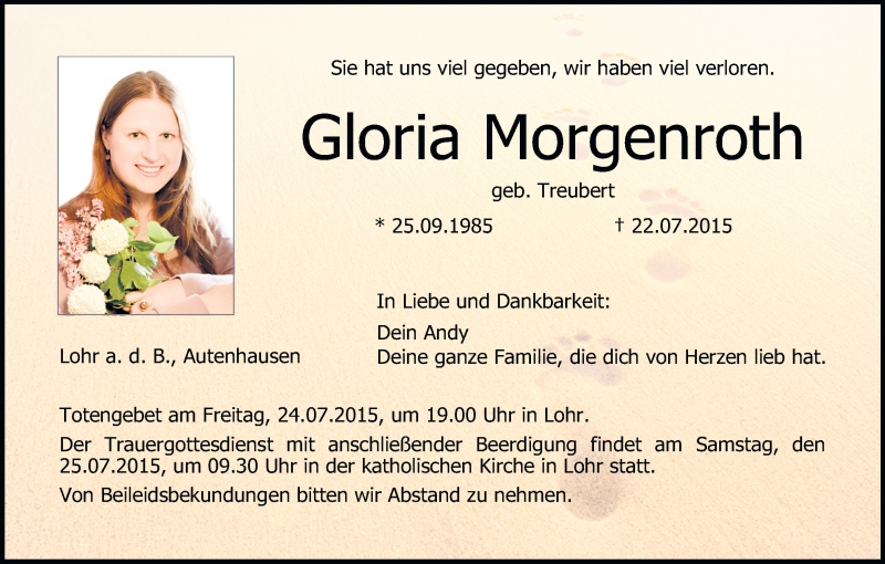  Traueranzeige für Gloria Morgenroth vom 24.07.2015 aus MGO