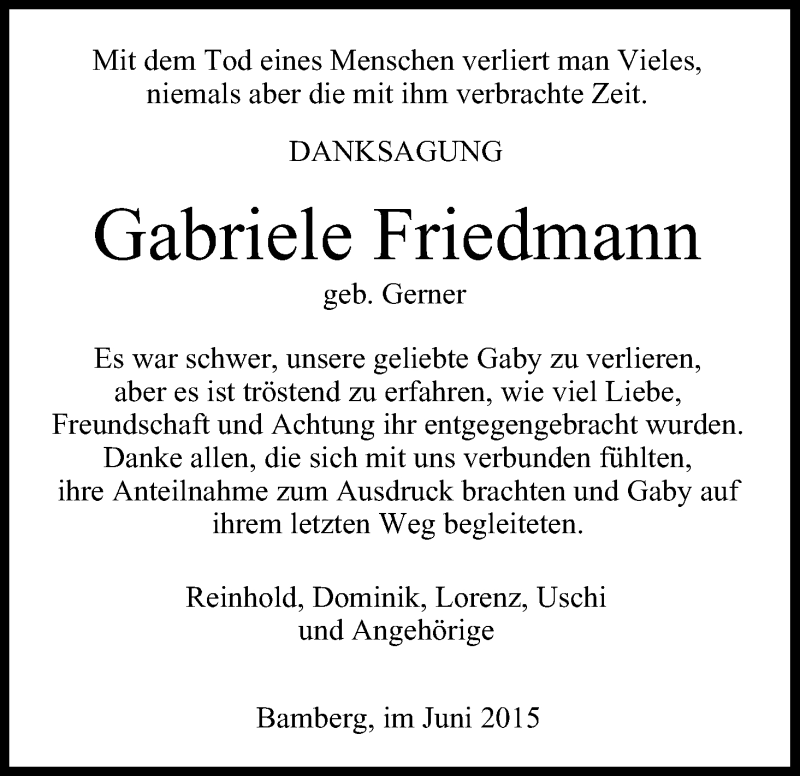  Traueranzeige für Gabriele Friedmann vom 10.07.2015 aus MGO