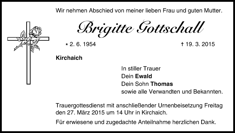  Traueranzeige für Brigitte Gottschall vom 25.03.2015 aus MGO