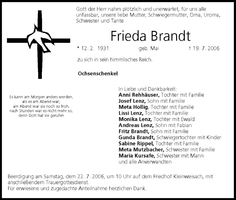 Frieda Brandt Traueranzeige Trauer InFranken De