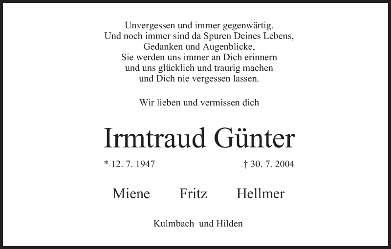  Traueranzeige für Irmtraud Günter vom 29.07.2006 aus MGO