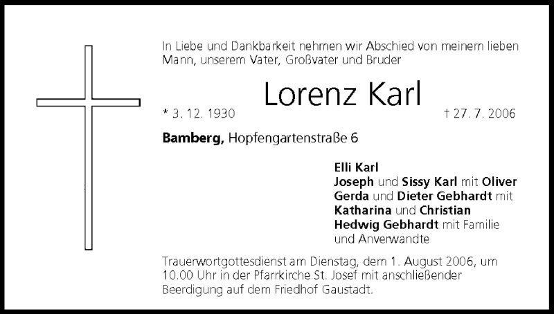  Traueranzeige für Lorenz Karl vom 31.07.2006 aus MGO