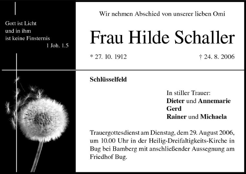 Hilde Schaller Traueranzeige Trauer InFranken De