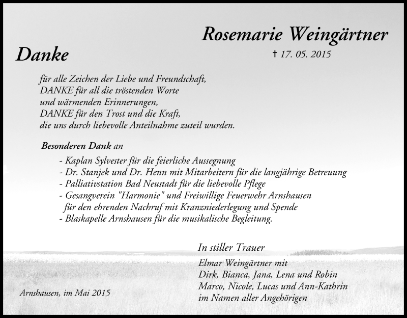  Traueranzeige für Rosemarie Weingärtner vom 06.06.2015 aus MGO