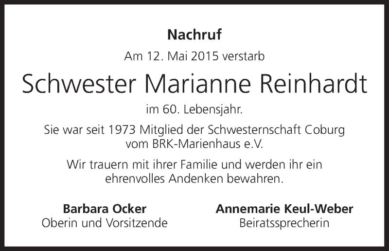  Traueranzeige für Marianne Reinhardt vom 16.05.2015 aus MGO