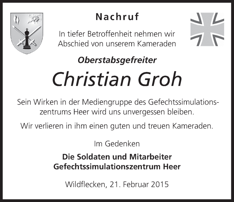  Traueranzeige für Christian Groh vom 21.02.2015 aus MGO