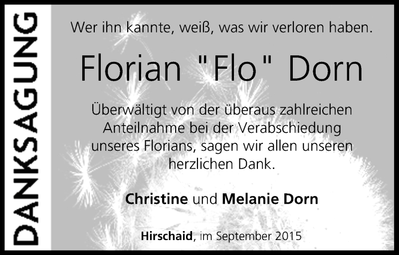  Traueranzeige für Florian Dorn vom 26.09.2015 aus MGO
