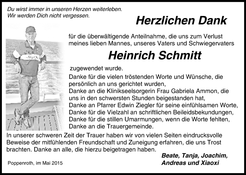  Traueranzeige für Heinrich Schmitt vom 16.05.2015 aus MGO