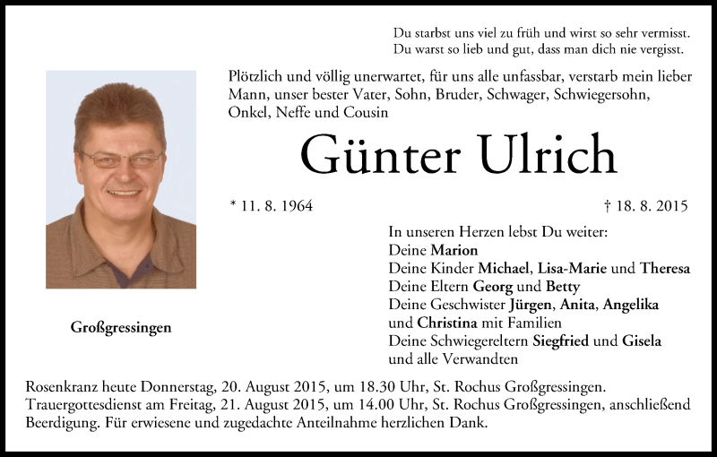  Traueranzeige für Günter Ulrich vom 20.08.2015 aus MGO