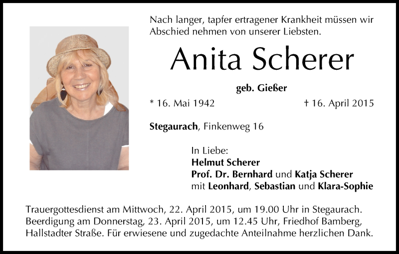  Traueranzeige für Anita Scherer vom 20.04.2015 aus MGO