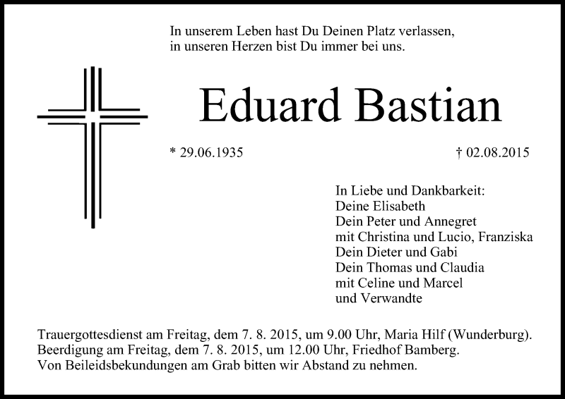  Traueranzeige für Eduard Bastian vom 05.08.2015 aus MGO