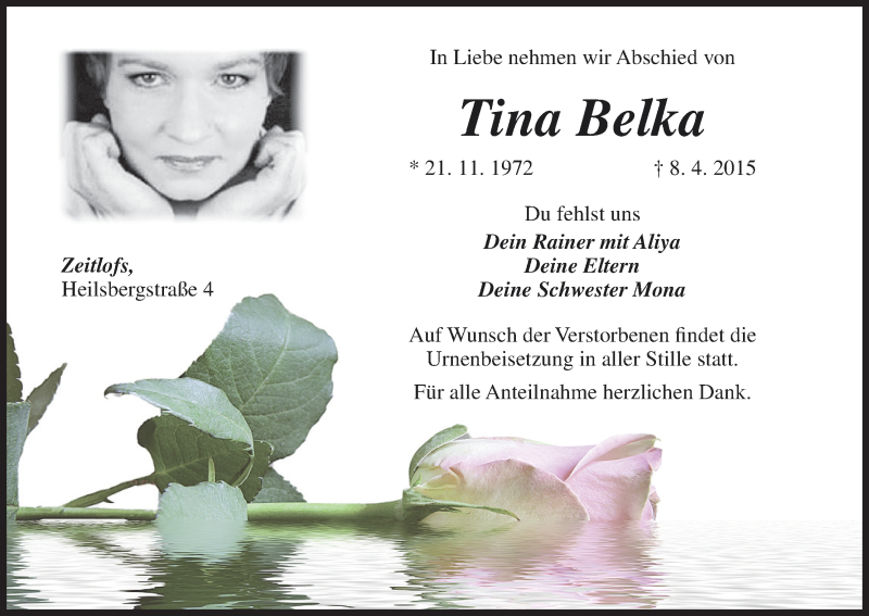  Traueranzeige für Tina Belka vom 11.04.2015 aus MGO