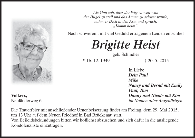 Traueranzeige für Brigitte Heist vom 27.05.2015 aus MGO