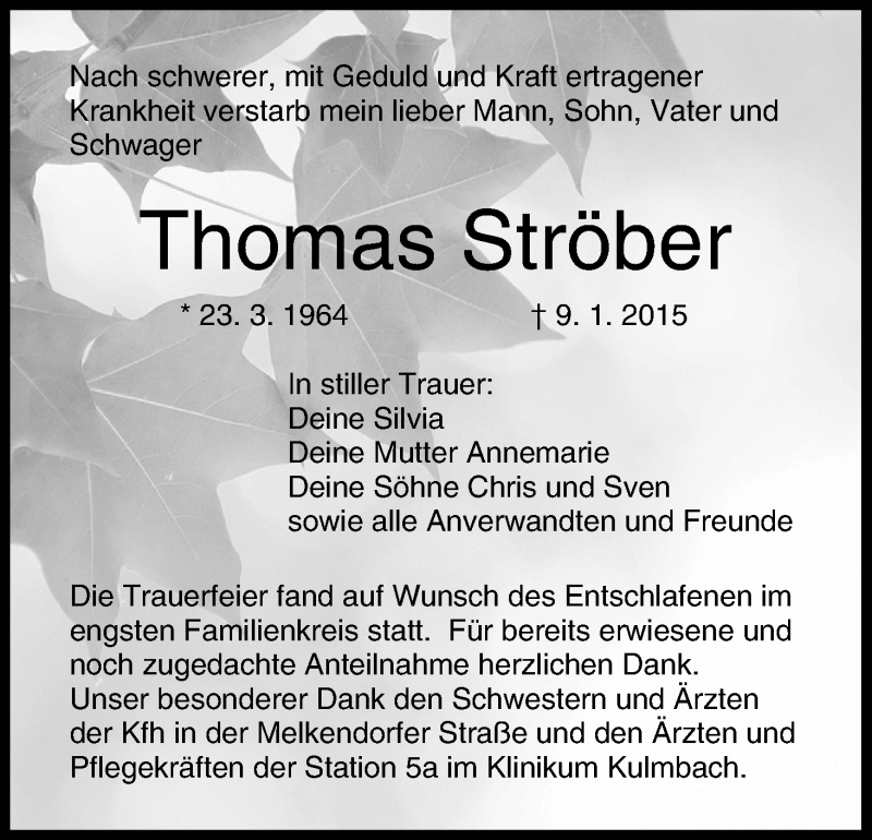  Traueranzeige für Thomas Ströber vom 23.01.2015 aus MGO