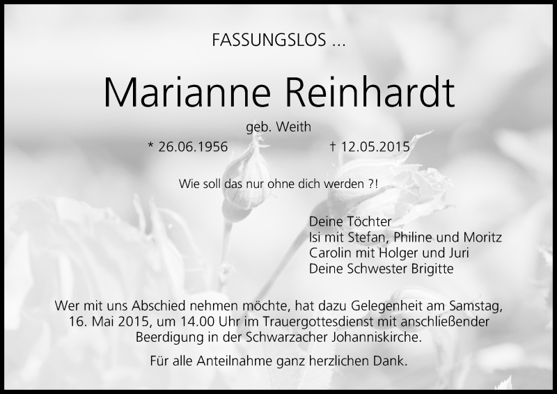  Traueranzeige für Marianne Reinhardt vom 14.05.2015 aus MGO