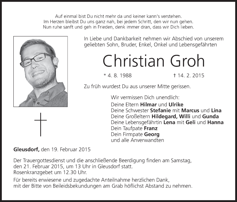  Traueranzeige für Christian Groh vom 19.02.2015 aus MGO