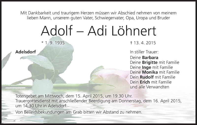  Traueranzeige für Adolf-Adi Löhnert vom 14.04.2015 aus MGO