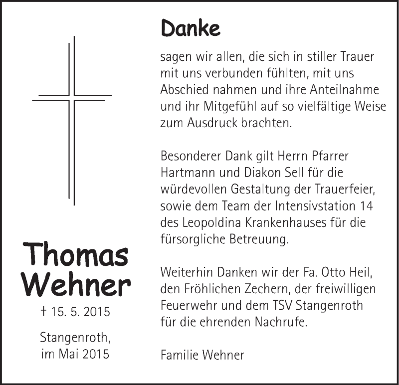  Traueranzeige für Thomas Wehner vom 06.06.2015 aus MGO