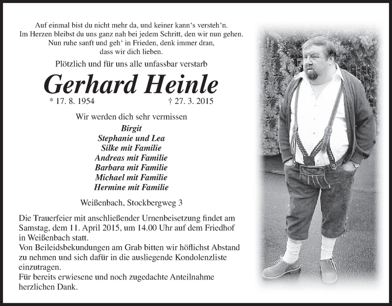  Traueranzeige für Gerhard Heinle vom 04.04.2015 aus MGO