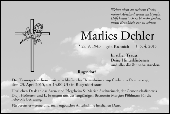 Marlies Dehler Traueranzeige Trauer Infranken De