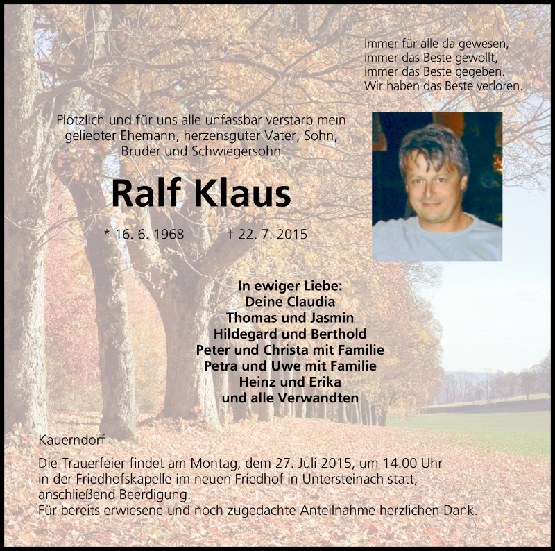  Traueranzeige für Ralf Klaus vom 25.07.2015 aus MGO