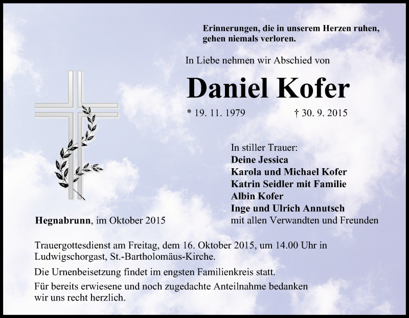  Traueranzeige für Daniel Kofer vom 12.10.2015 aus MGO
