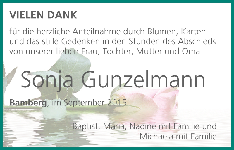  Traueranzeige für Sonja Gunzelmann vom 05.09.2015 aus MGO