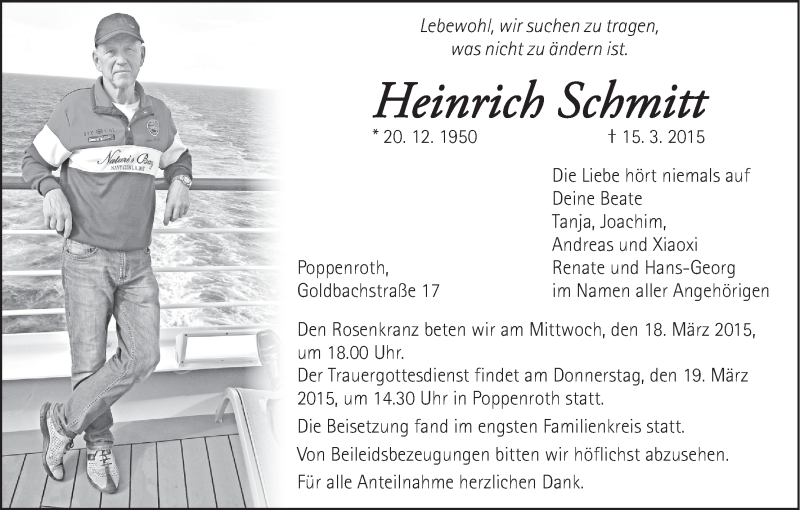  Traueranzeige für Heinrich Schmitt vom 17.03.2015 aus MGO