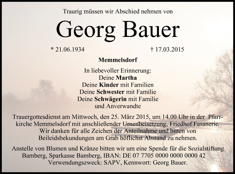  Traueranzeige für Georg Bauer vom 23.03.2015 aus MGO