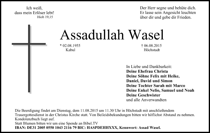  Traueranzeige für Assadullah Wasel vom 08.08.2015 aus MGO