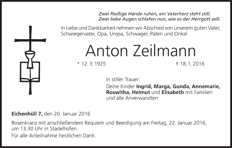  Traueranzeige für Anton Zeilmann vom 20.01.2016 aus MGO