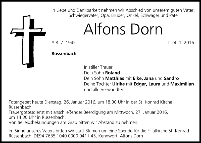  Traueranzeige für Alfons Dorn vom 26.01.2016 aus MGO