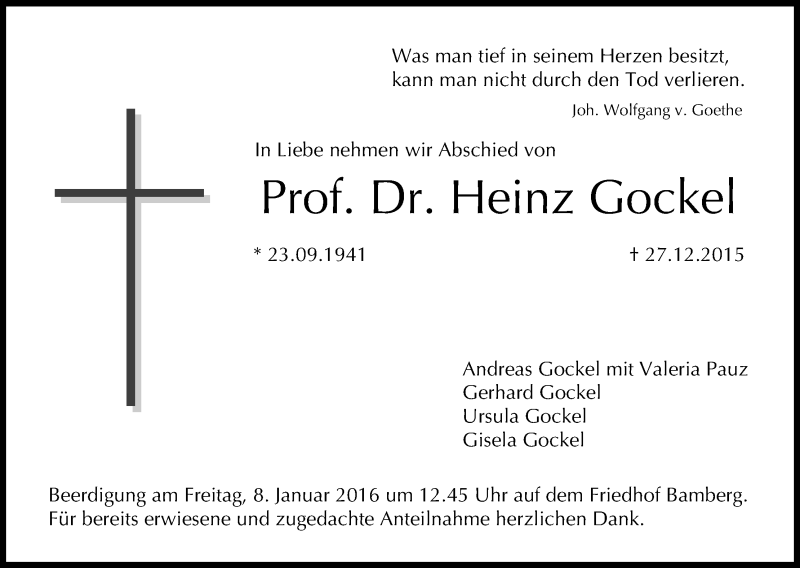  Traueranzeige für Heinz Gockel vom 05.01.2016 aus MGO