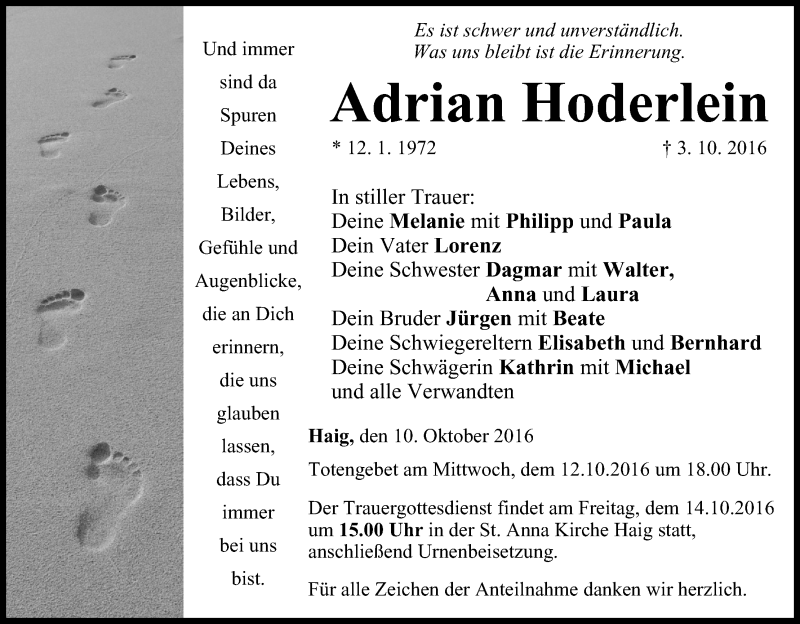  Traueranzeige für Adrian Hoderlein vom 10.10.2016 aus MGO